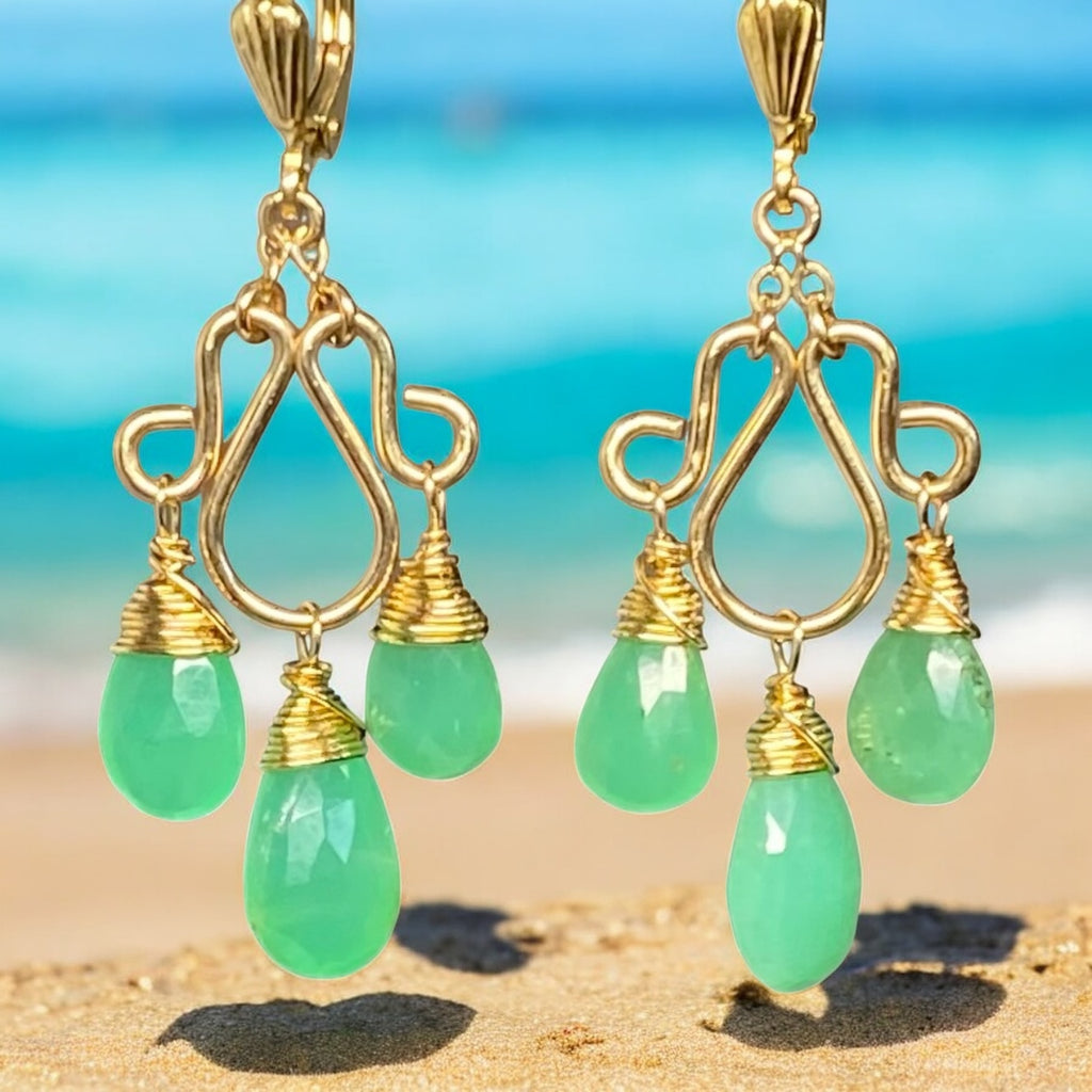 Green Chrysoprase Gemstone Chandelier Earrings Gold