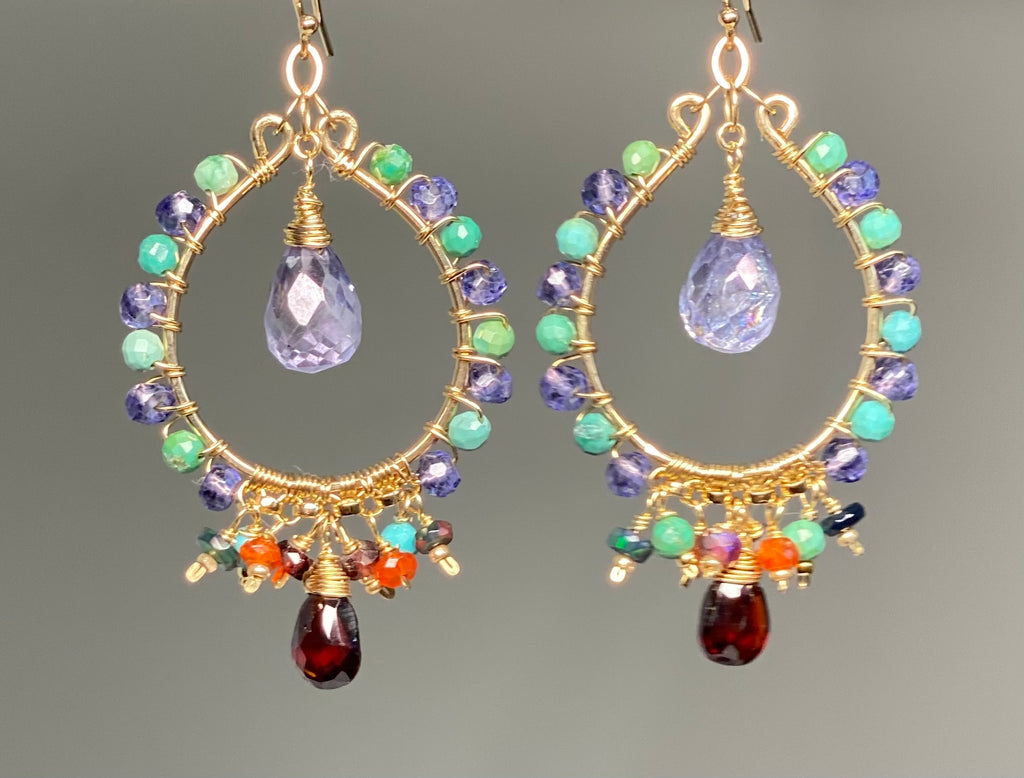 Gold Hoop Chandelier Earrings Iolite, Turquoise, Garnet, Opal