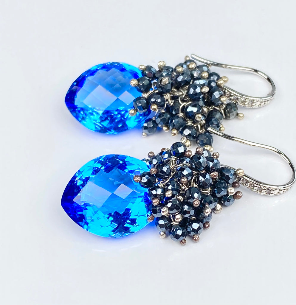 Blue Topaz and Black Spinel Cluster Earrings Sterling Silver