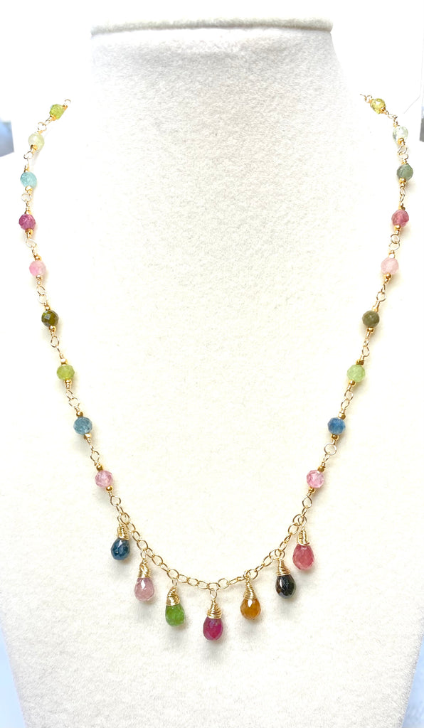 Tourmaline Gold Fill Dangle Necklace Rosary Style Wire Wrap