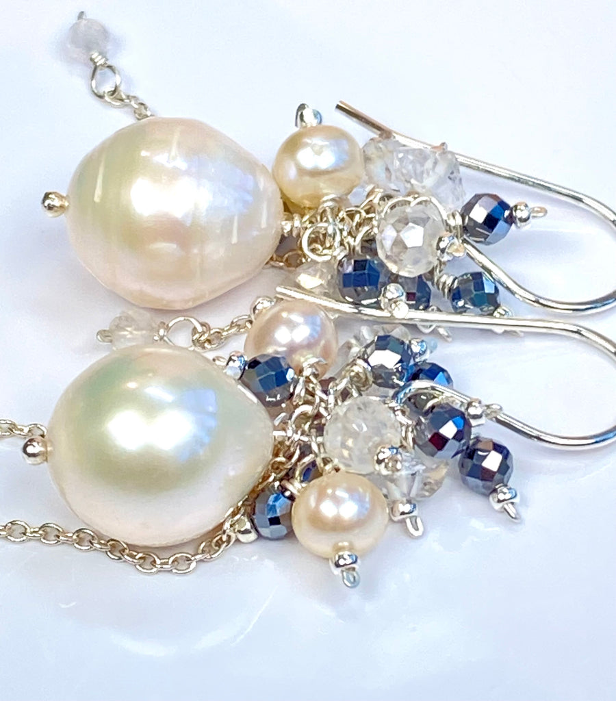 Ivory Pearl Cluster Earrings with Moonstone, Mystic Quartz & Herkimer Diamond