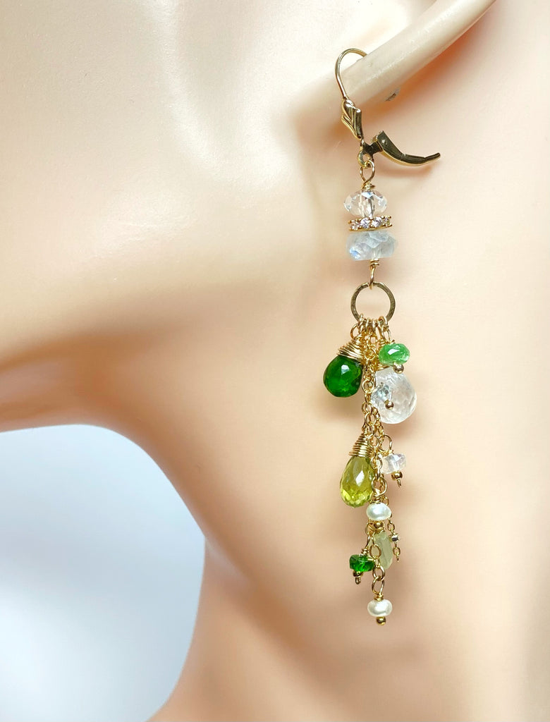 Green Gemstone Boho Dangle Earrings Peridot Chrome Diopside Tsavorite Gold 2