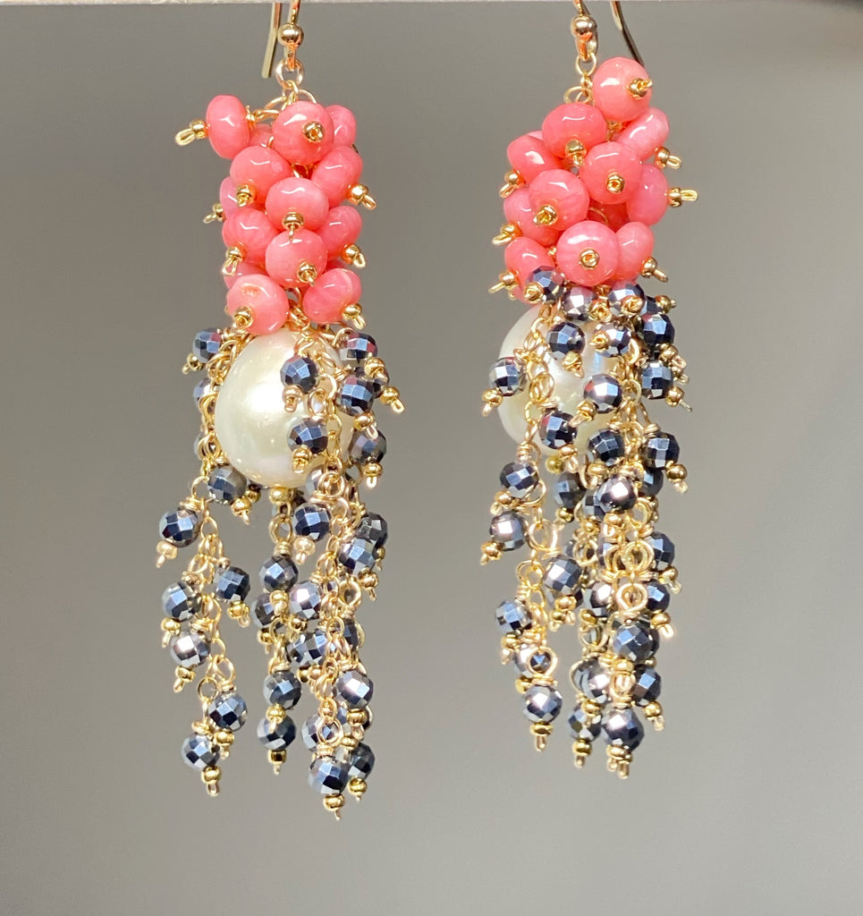 CUSTOM ORDER for Sandra H - Pearl, Coral and Black Cluster Earrings Gold Fill