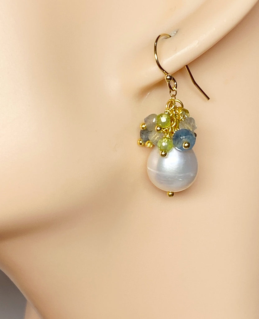 Pearl and Aquamarine, Labradorite, Peridot Cluster Earrings Gold Fill