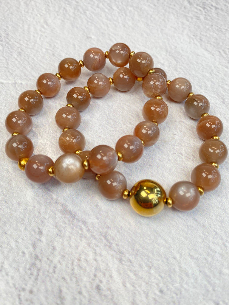 Chocolate Moonstone Stretch Bracelet Set of 2 with Gold Fill