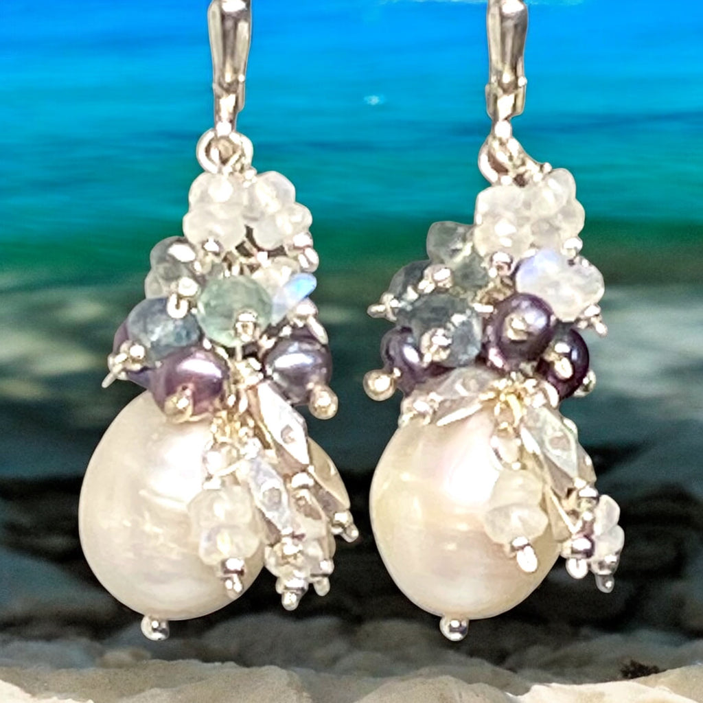 Moss Aquamarine and Pearl Cluster Earrings, Sterling Silver