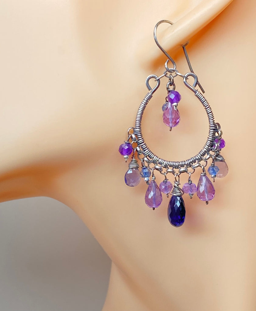 Blue Violet Oxidized Silver Hoop Chandelier Earrings Iolite, Lavender, Purple Amethyst