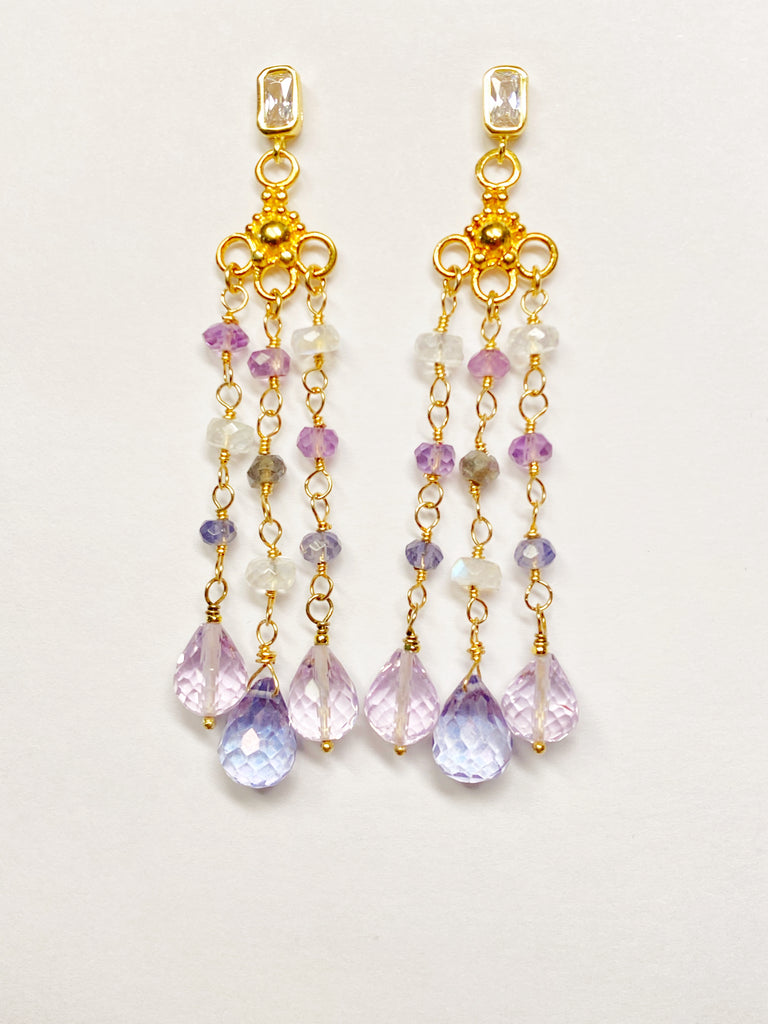 Blue Lavender Purple Gemstone Dangle Earrings, Tassel Style, Iolite, Amethyst, Moonstone, Gold Fill - Doolittle