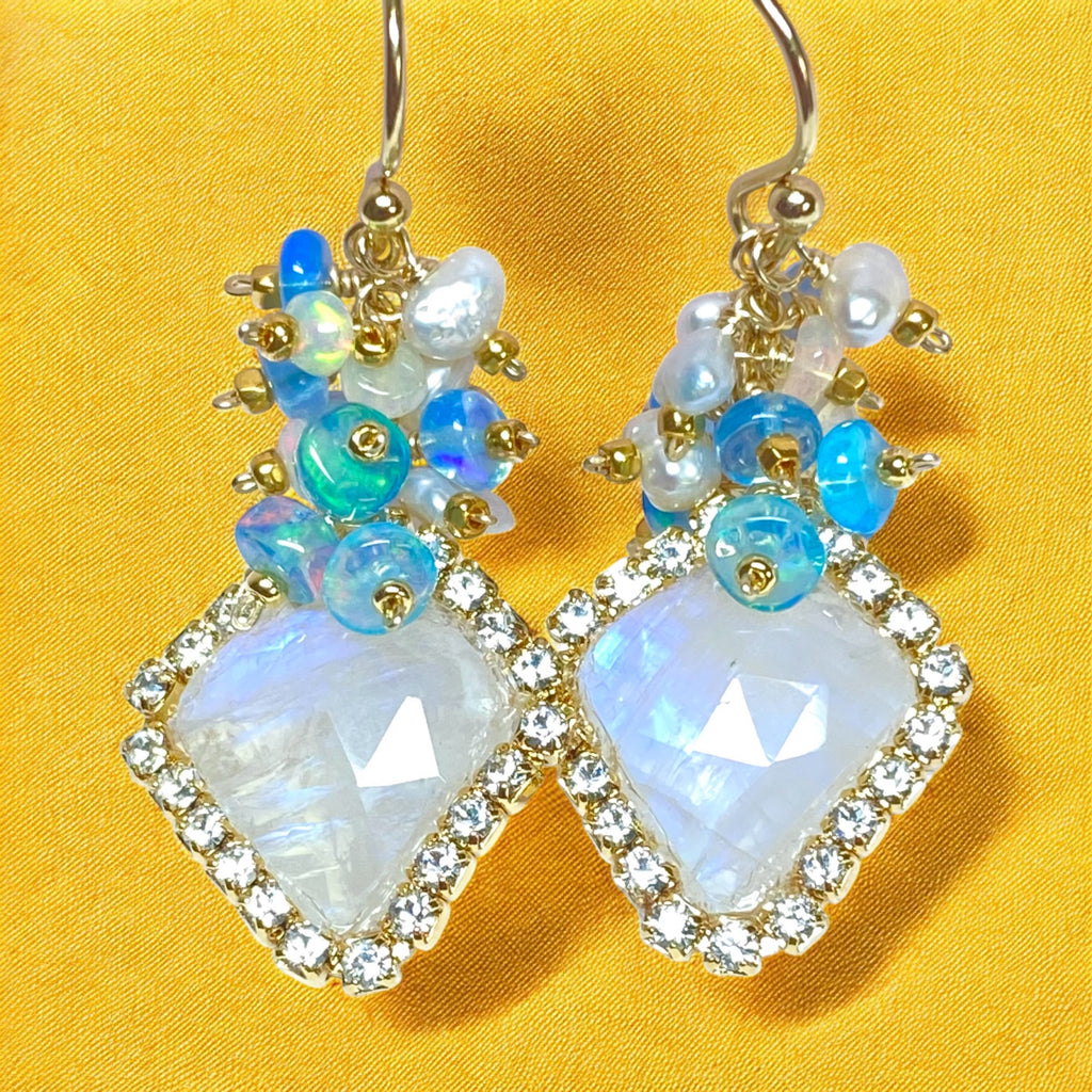 Rainbow Moonstone Diamond Style, Opal Cluster Dangle Earrings Gold