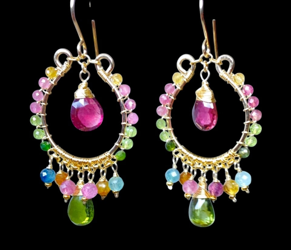 Multicolor tourmaline chandelier hoop earrings gold fill on black background