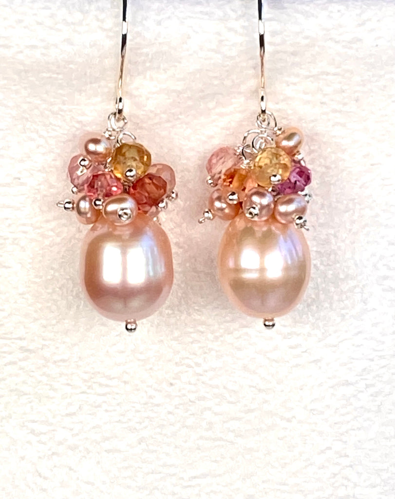 Blush Pink Pearl Cluster Earrings with Padparadscha Sapphires, Sterling Silver