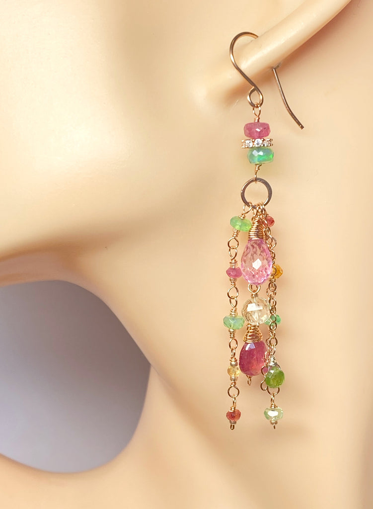 Pink Sapphire, Green Gemstone Rose Gold Long Dangle Earrings