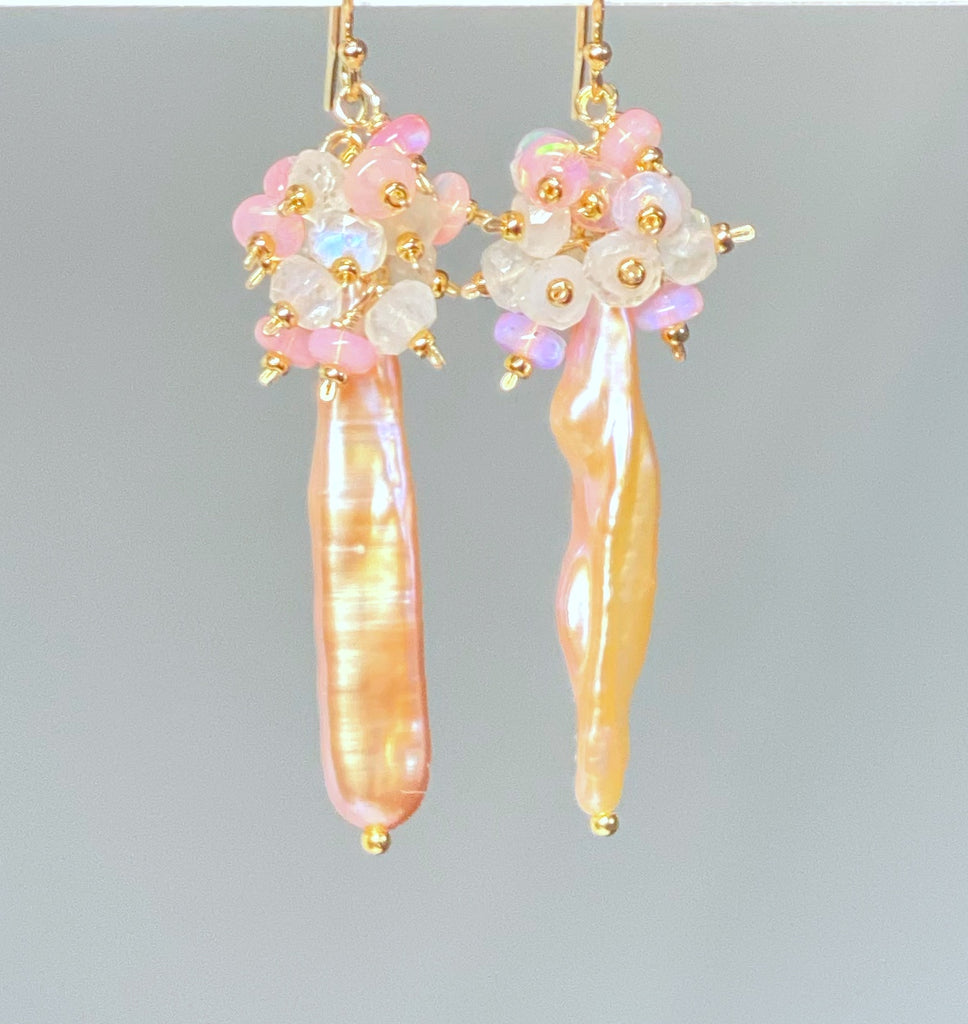 Blush Biwa Pearl Earrings Long Pink Opal Cluster Earrings Gold Fill