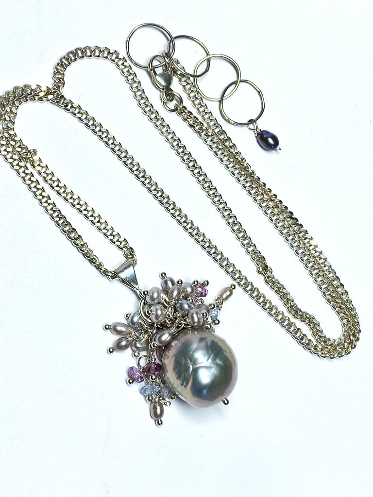 Silver Grey Baroque Pearl Cluster Pendant in Sterling Silver