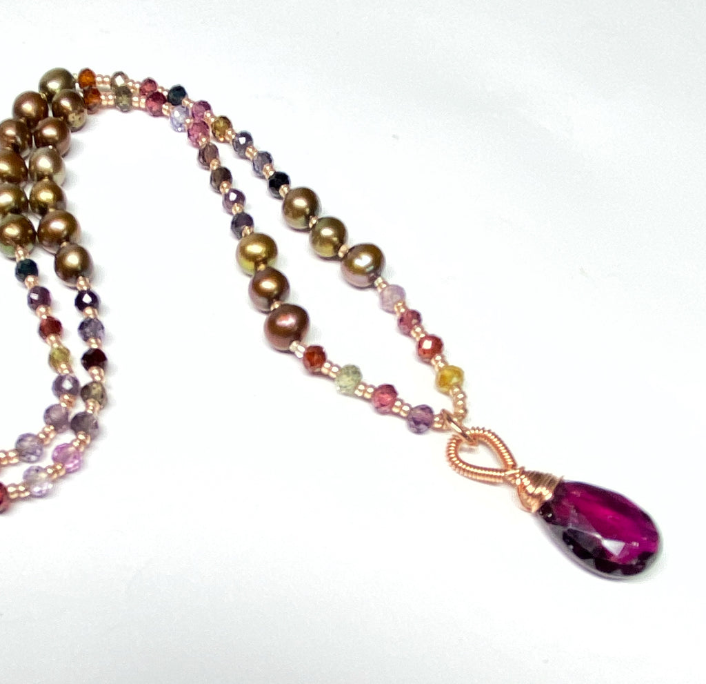 Rhodolite Garnet and Pearl Silk Knotted Necklace 2