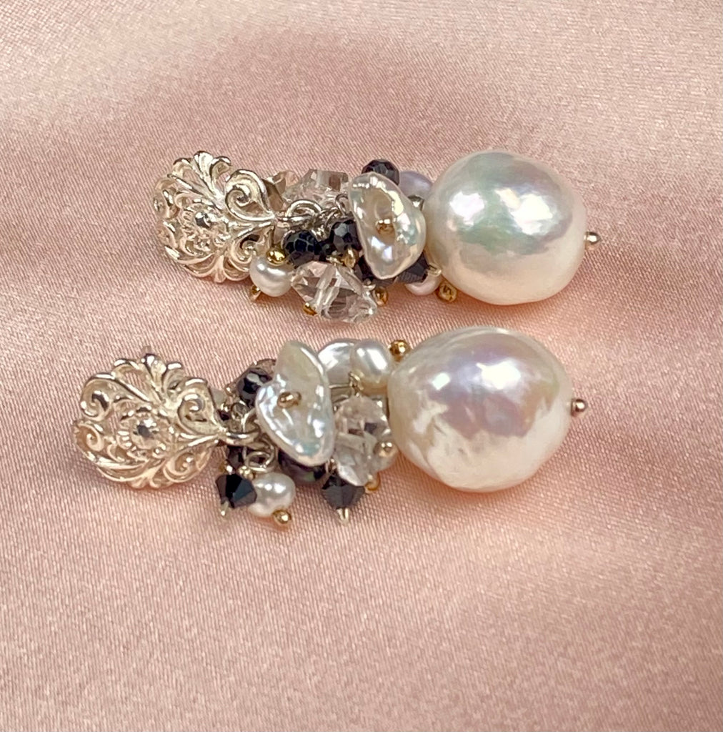 White Edison Pearl Cluster Earrings with Herkimer Diamond, Black Spinel