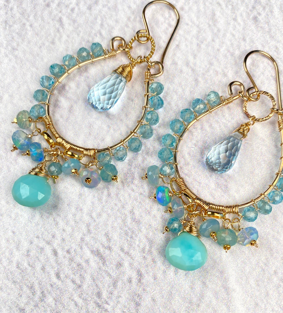 Blue Topaz and Opal Chandelier Hoop Earrings, Apatite, 14k Gold Fill