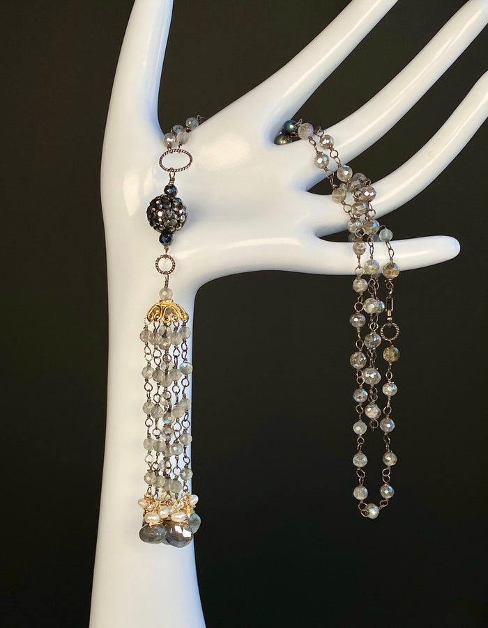 Mystic Labradorite Tassel Pendant Necklace with Marcasite & Spinel — Oxidized Sterling Silver & 14k Gold Fill