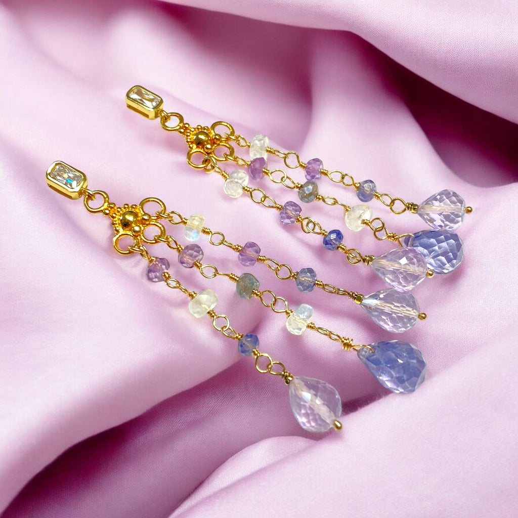Blue Lavender Purple Gemstone Dangle Earrings, Tassel Style, Iolite, Amethyst, Moonstone, Gold Fill - Doolittle