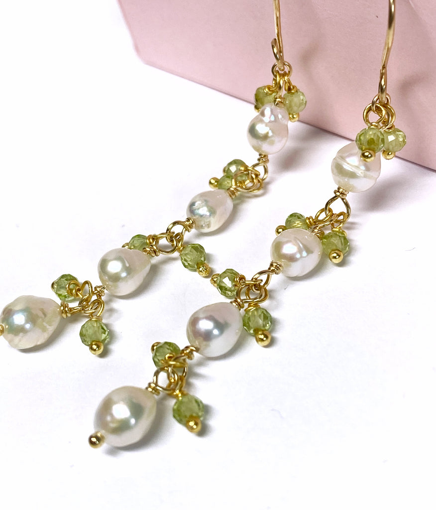 Peridot and Pearl Long Dainty Earrings Gold Fill