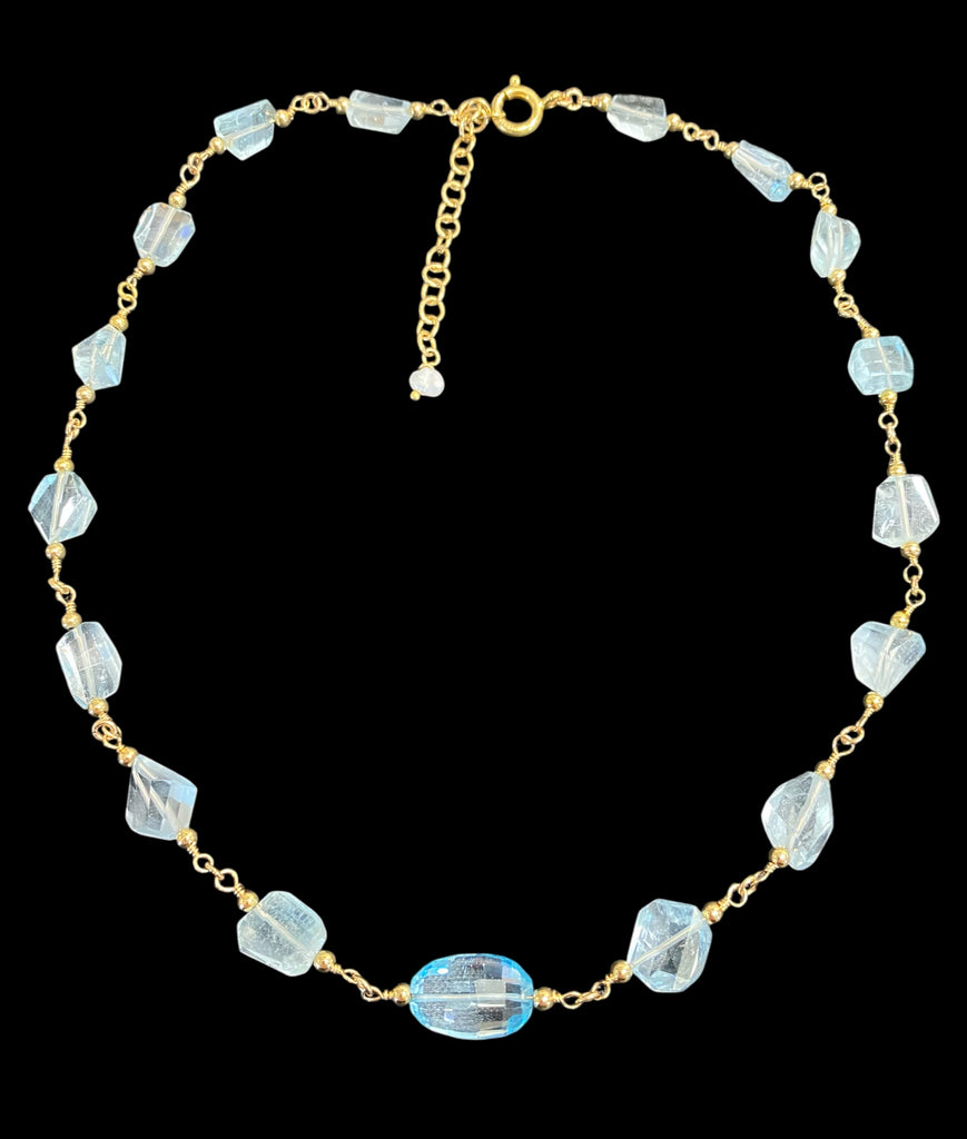 Blue Topaz and Aquamarine 14K Gold Fill Necklace Rosary Style Wire Wrap