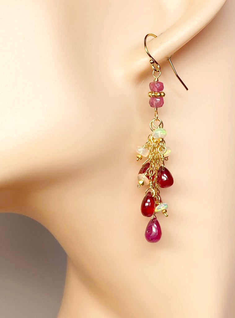 Pink Sapphire and Opal Tassel Earrings, Gold Fill