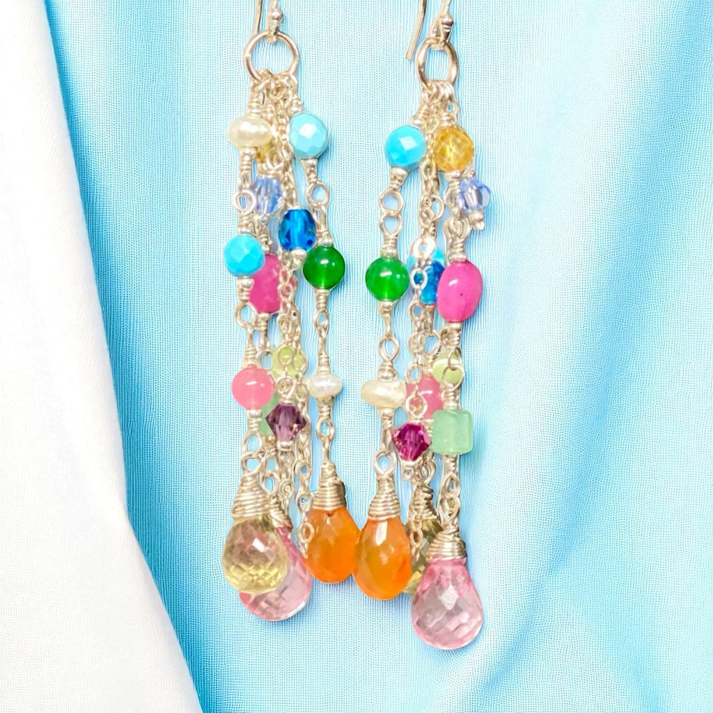 Multicolor Gemstone Dangle Earrings Sterling Silver - Pink, Orange, Yellow - Doolittle