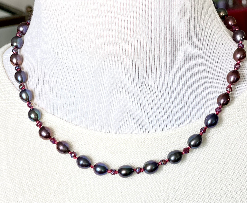 Peacock Pearl and Mystic Garnet Silk Knotted Necklace, Gold Fill