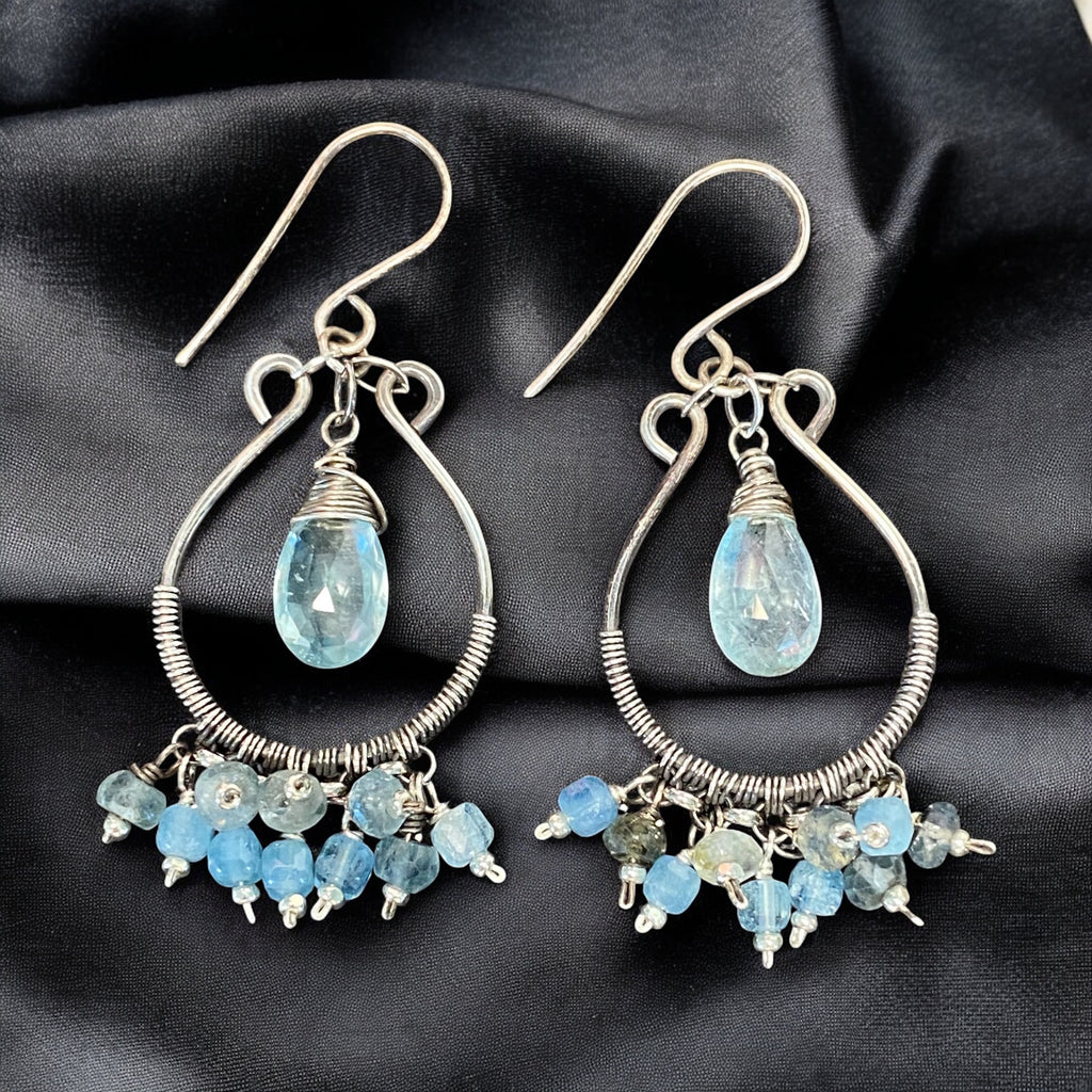 Aquamarine Oxidized Sterling Silver Hoop Chandelier Earrings