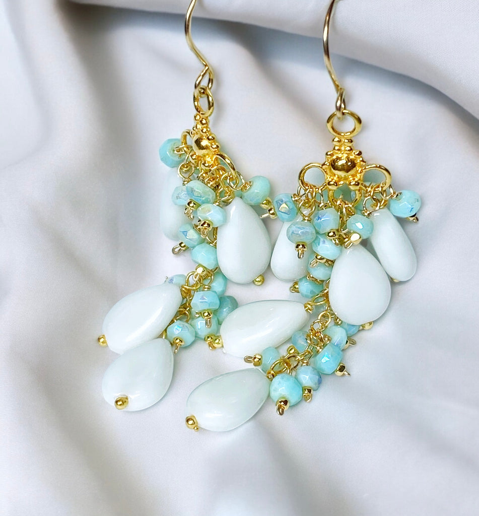 White and Aqua Mystic Peruvian Opal Long Gem Dangle Chandelier Earrings