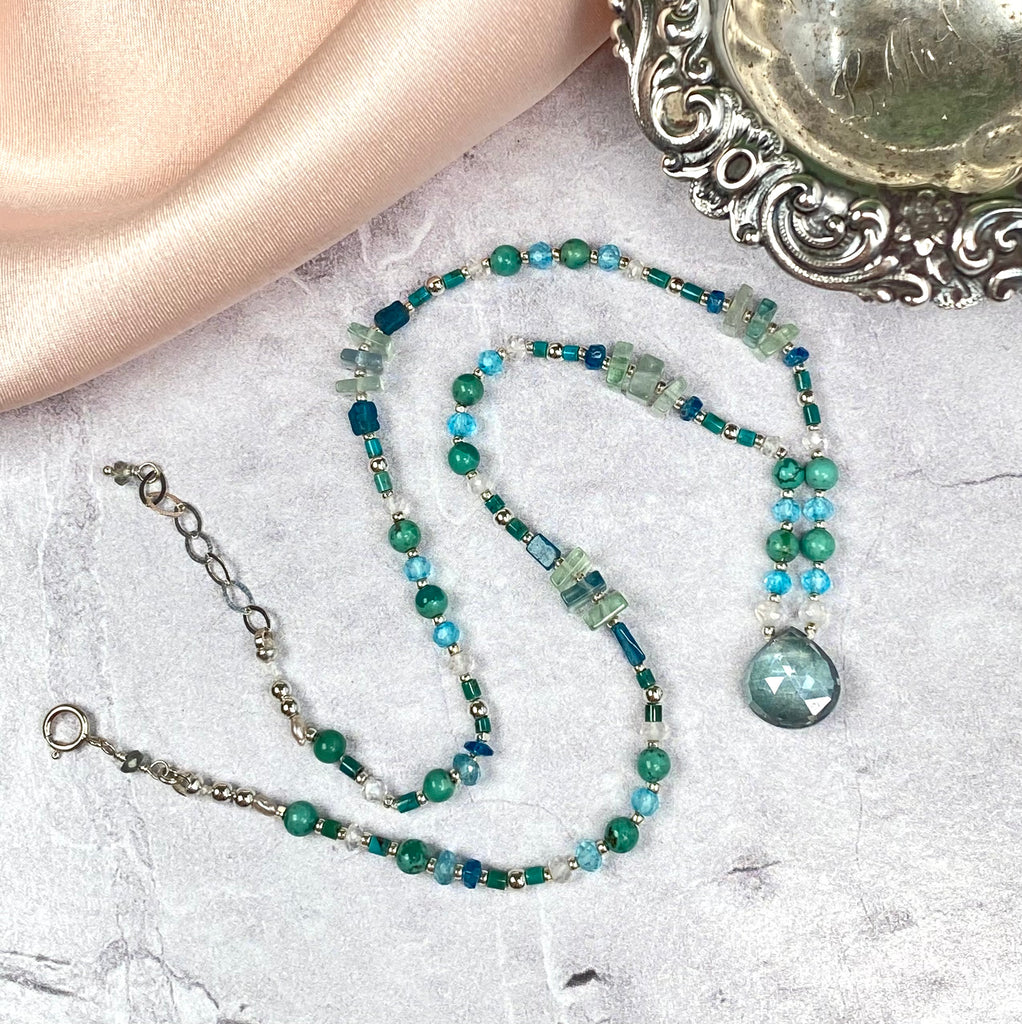Mystic Aqua Quartz Pendant; Silk Knotted Aqua Blue Beaded Necklace