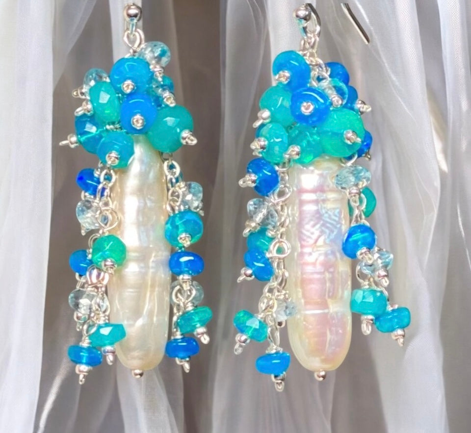 White Biwa Pearl and Aqua Blue Opal Cluster Earrings Sterling Silver