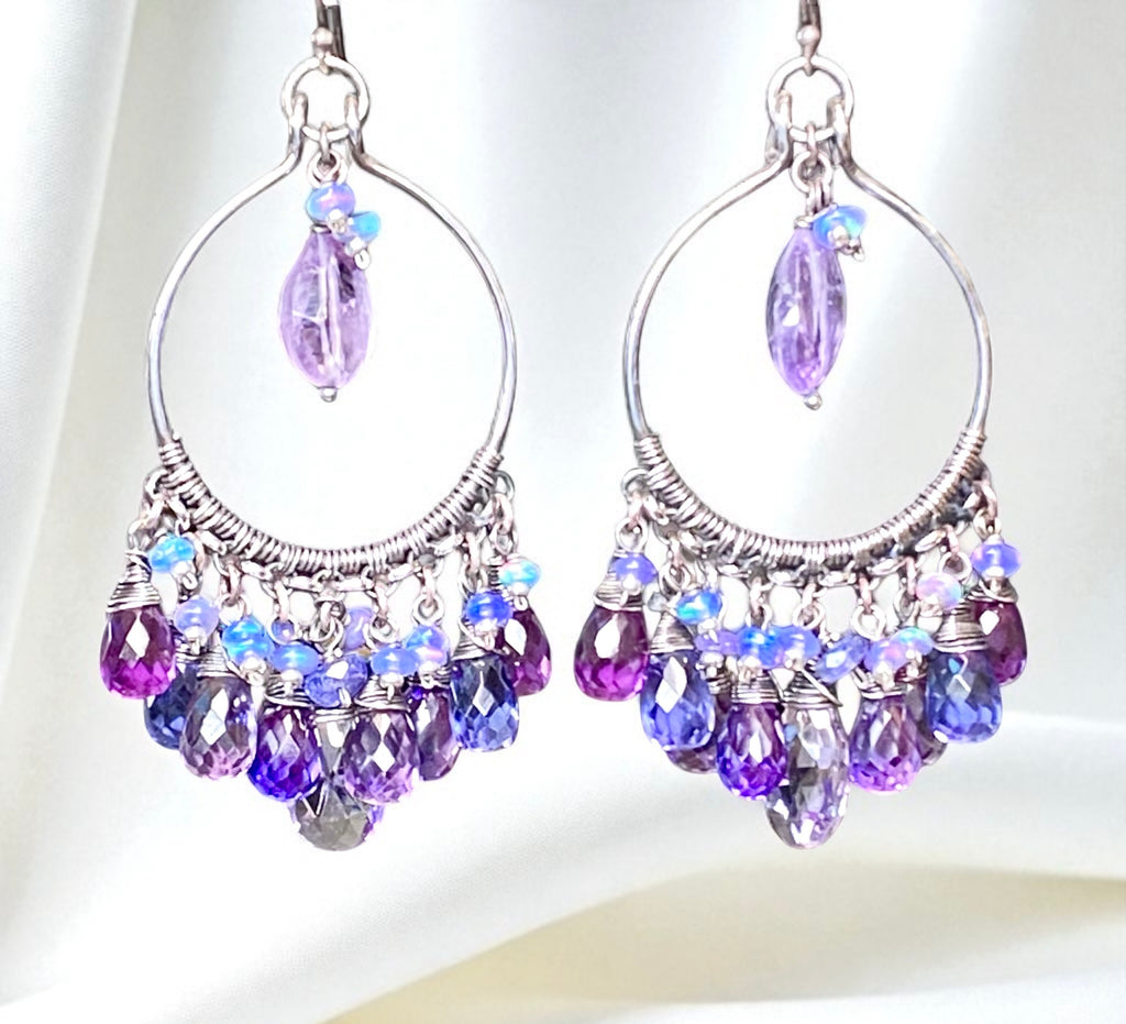 Blue Violet Gem Statement Chandelier Earrings in Oxidized Sterling Silver
