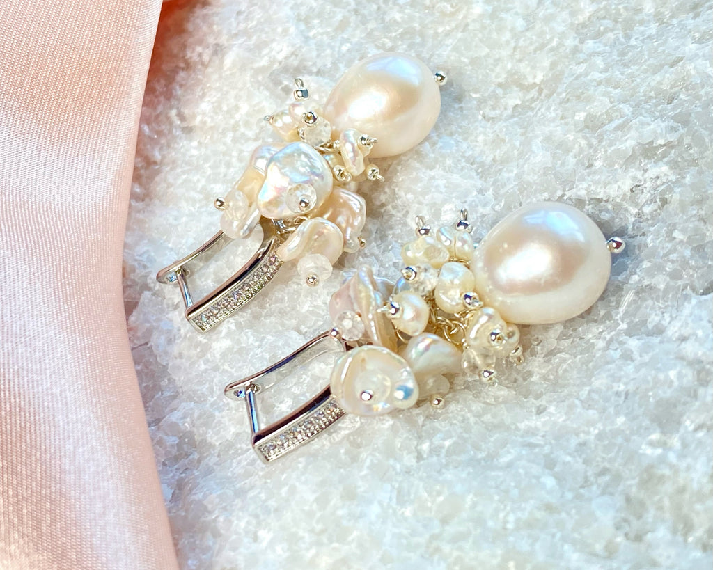 Baroque Pearl Bridal Cluster Earrings Sterling Silver - Doolittle