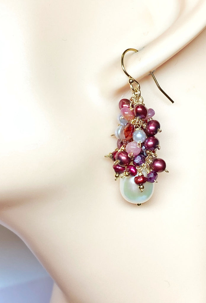 Pearl Earrings with Clusters of Garnet, Pink Sapphire and Red Pearls