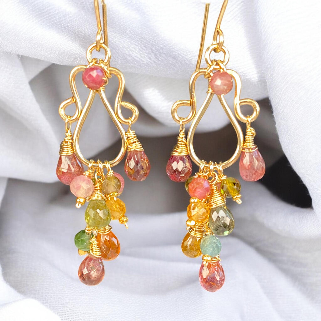 Autumn Tourmaline Chandelier Earrings — Pink, Olive & Honey, Gold Fill