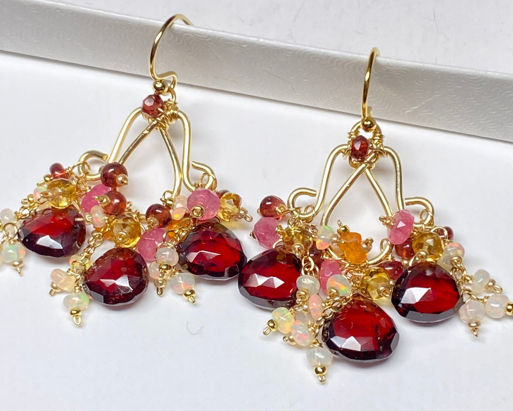 Red Garnet Chandelier Earrings Opal Dangle Gold Fill