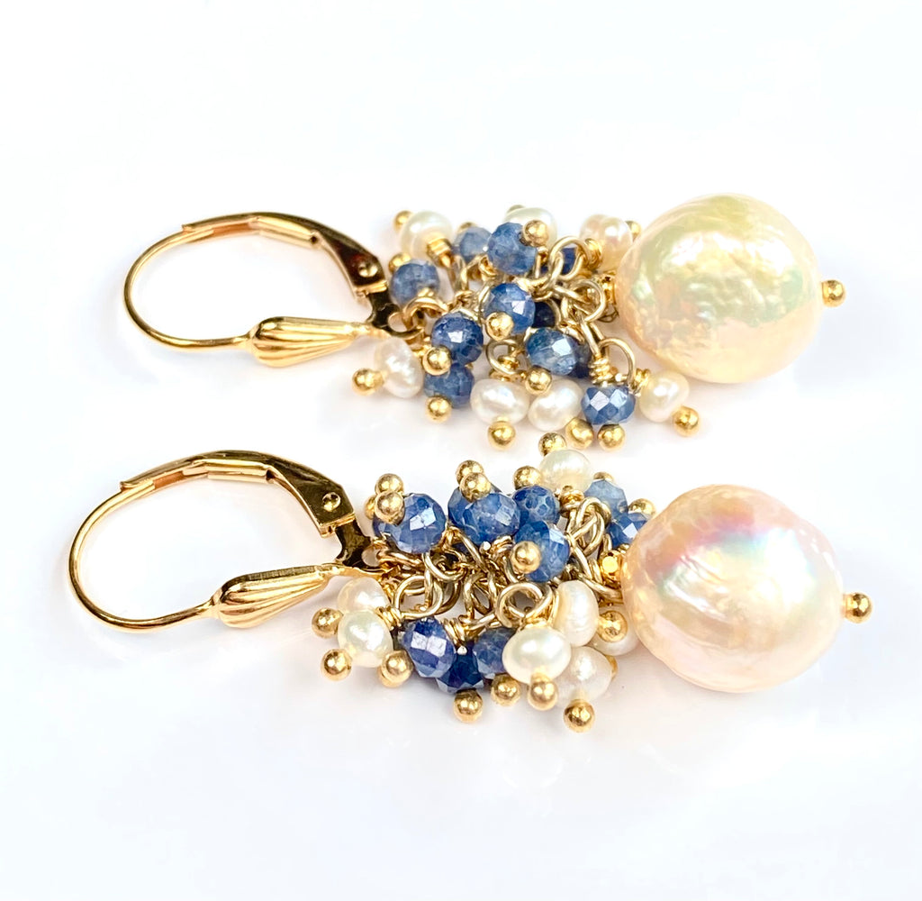 Blue Sapphire and Pearl Cluster Earrings Gold Fill