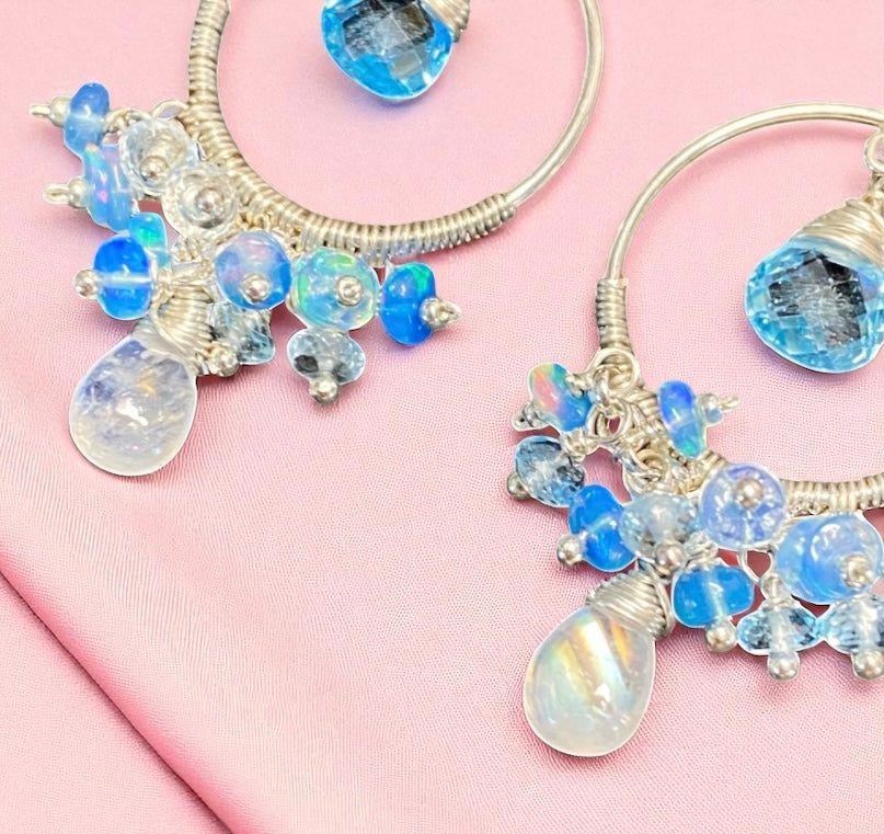 Blue Topaz, Opal, Chandelier Hoop Earrings Sterling Silver