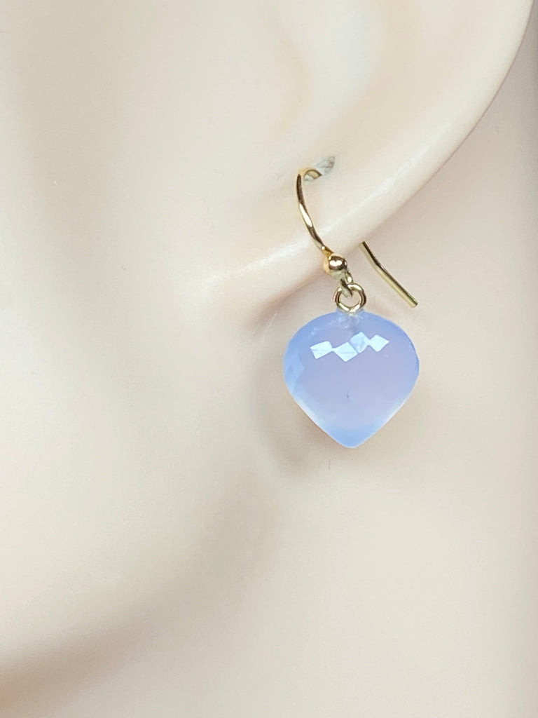 Natural Blue Chalcedony Gemstone Heart Dangle Earrings 14k Gold Fill