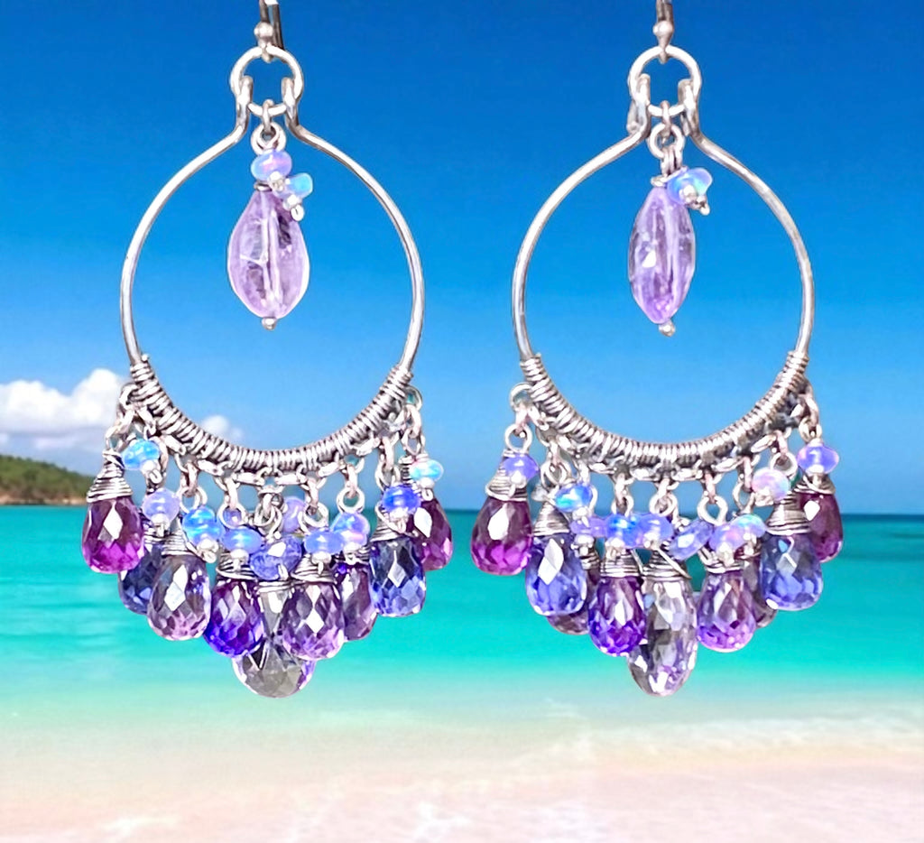 Blue Violet Gem Statement Chandelier Earrings in Oxidized Sterling Silver