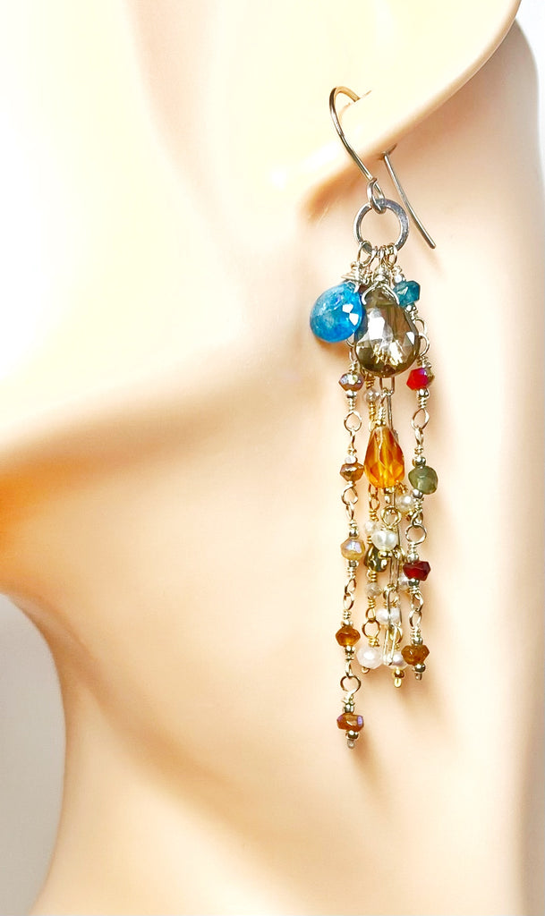 Boho Long Gem Dangle Earrings in Mixed Metals with Smokey Quartz, Apatite