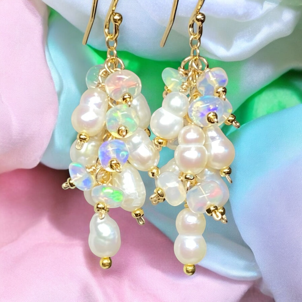 Pearl and White Ethiopian Opal Dangle Earrings Gold