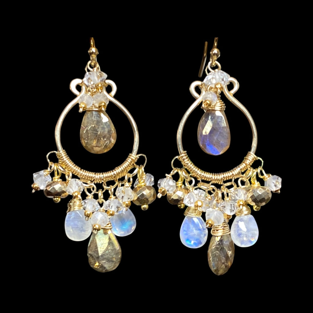 Rainbow Moonstone Gold Labradorite Chandelier Hoop Earrings Gold Fill