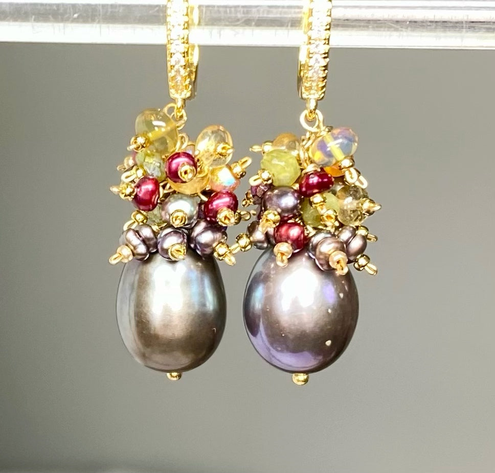 Grey Pearl Earrings with Colorful Gemstone Clusters in 14 kt Gold Fill