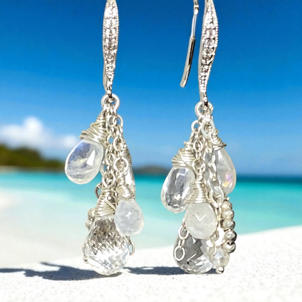 Crystal Quartz Dangle Earrings Sterling Silver Moonstone