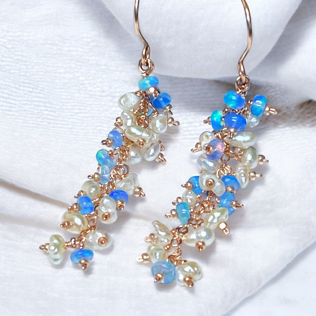 Blue Ethiopian Opal and Keishi Pearl Tassel Dangle Earrings Rose Gold