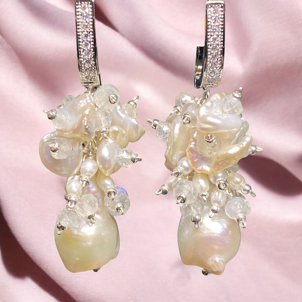 Baroque Flameball Pearl and Moonstone Cluster Bridal Earrings