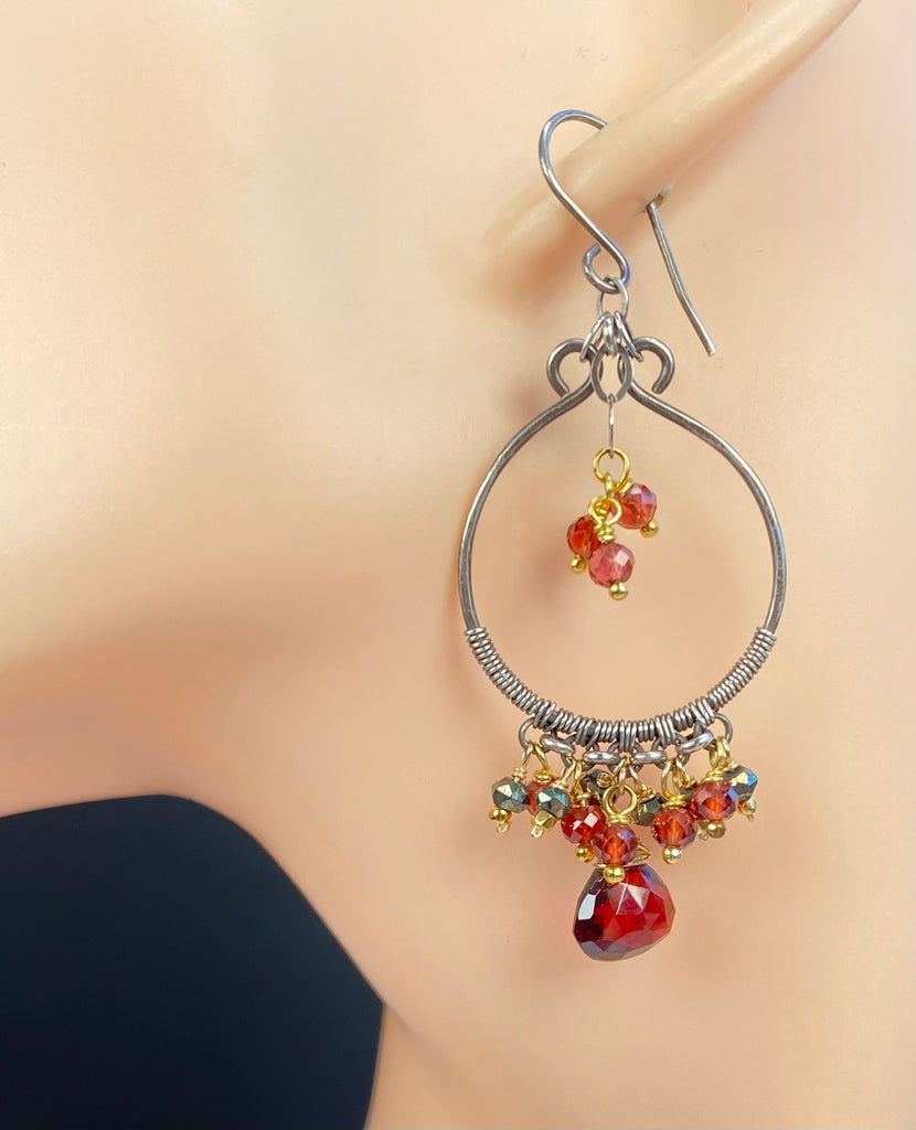 Red Garnet & Pyrite Chandelier Earrings, Oxidized Silver