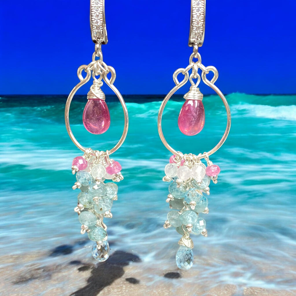 Blue Aquamarine, Natural Blue Zircon, Pink Sapphire Chandelier Hoop Earrings Sterling Silver - Doolittle